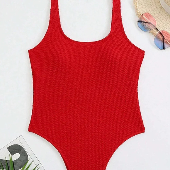 Red Women's Solid Colored Texture Fabric Sexy Backless Sports One-Piece Swimsuit - Picture 3 of 4